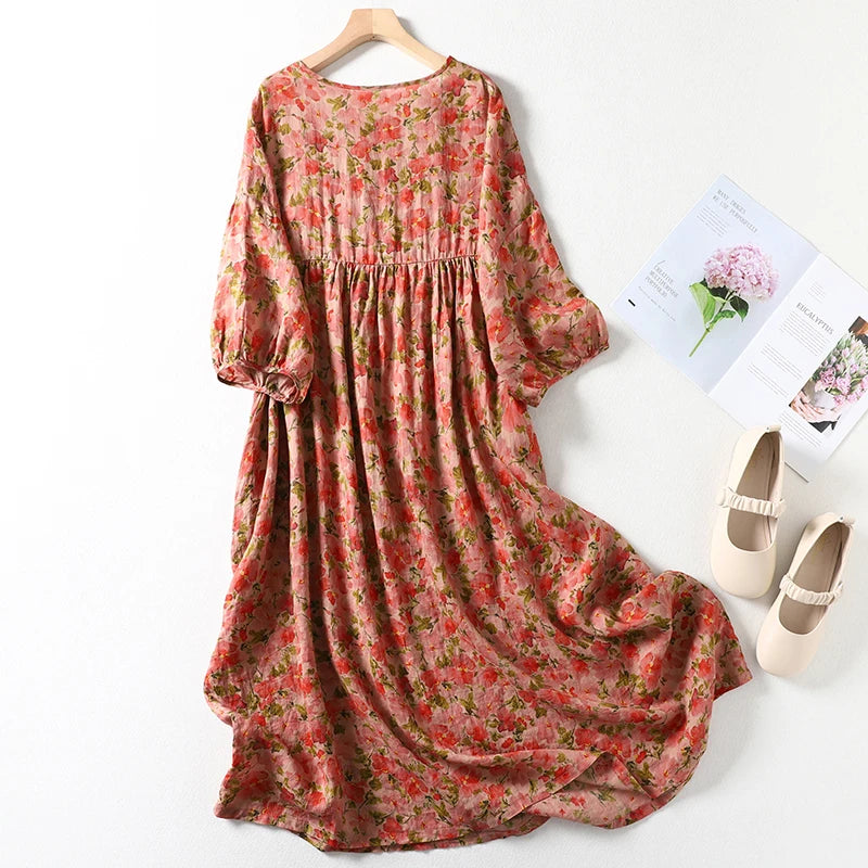 Summer Breeze Cotton and Linen Printed Pressed Pleated Short Sleeve Dress