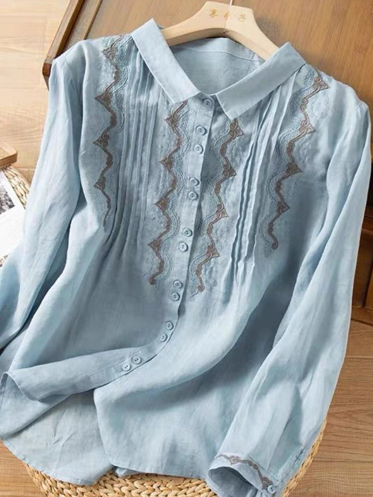 Vintage Katoen-linnen Blouse met Borduurwerk voor Dames