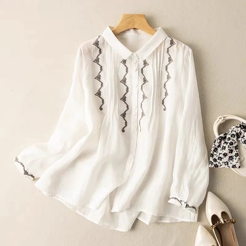 Vintage Katoen-linnen Blouse met Borduurwerk voor Dames