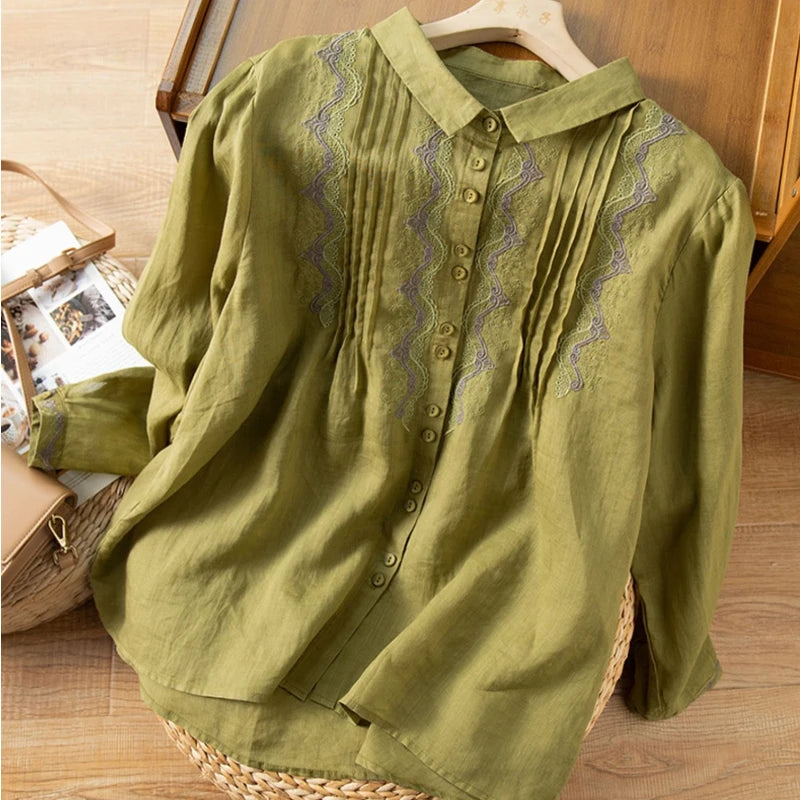 Vintage Katoen-linnen Blouse met Borduurwerk voor Dames