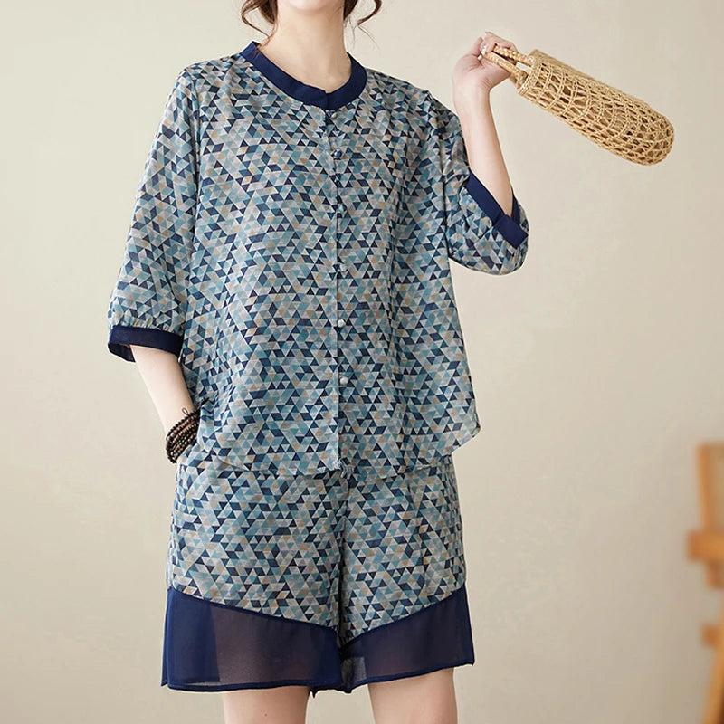 Veluna Summer Cotton Linen Shorts Set