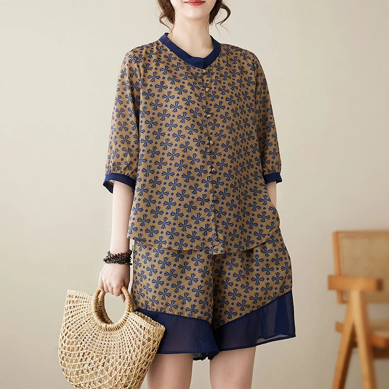 Veluna Summer Cotton Linen Shorts Set