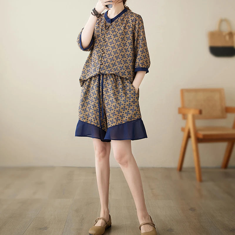 Veluna Summer Cotton Linen Shorts Set