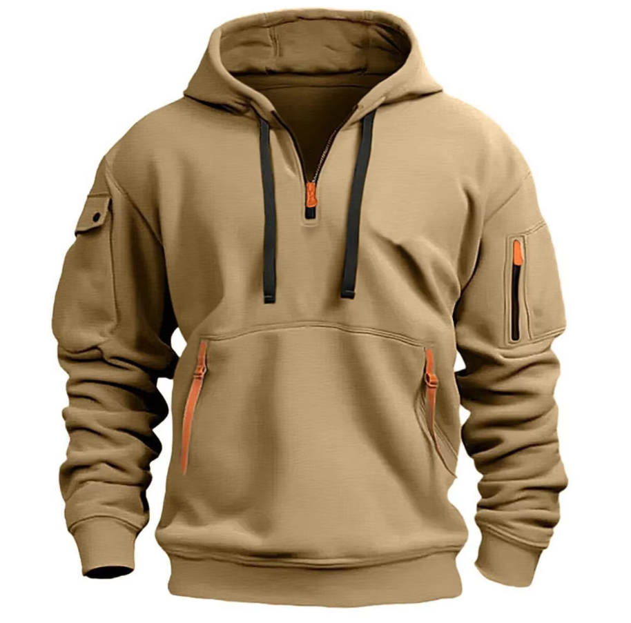 Beige hoodie with orange zippers, featuring a front pouch pocket and side zippered pockets, ideal for casual and comfortable wear.