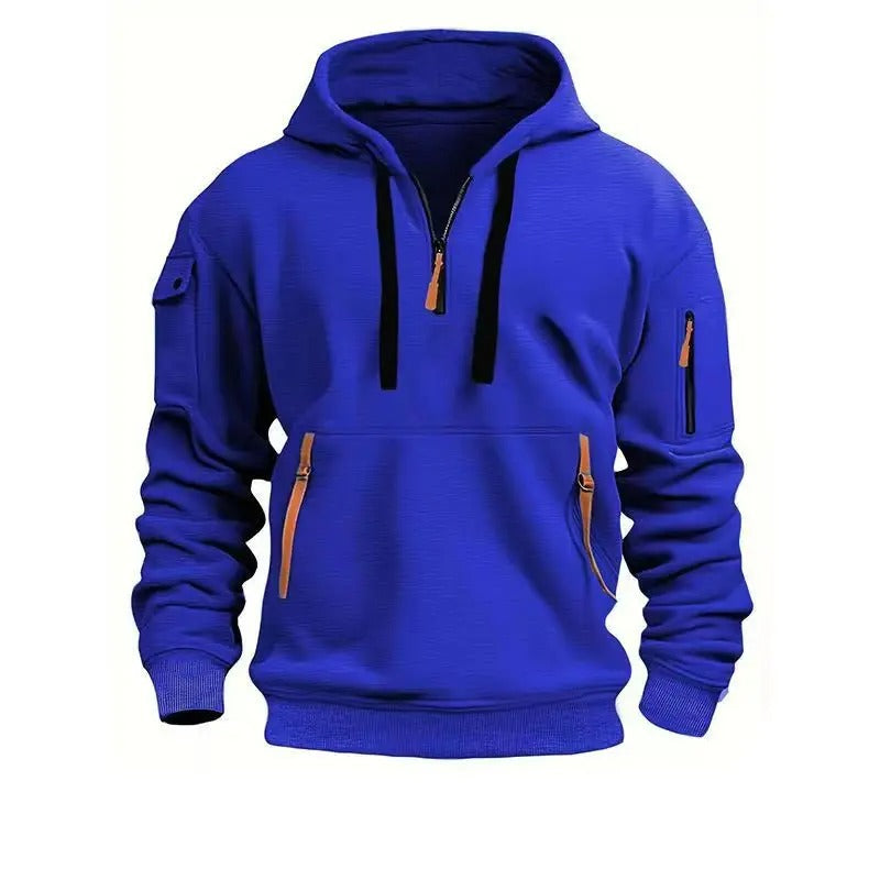 Bordeauxkleurige Kendra Hoodie met ritssluitingen op de borst en zakken, met een contrasterende oranje ritsdetail en een capuchon, ideaal voor een casual en comfortabele look.