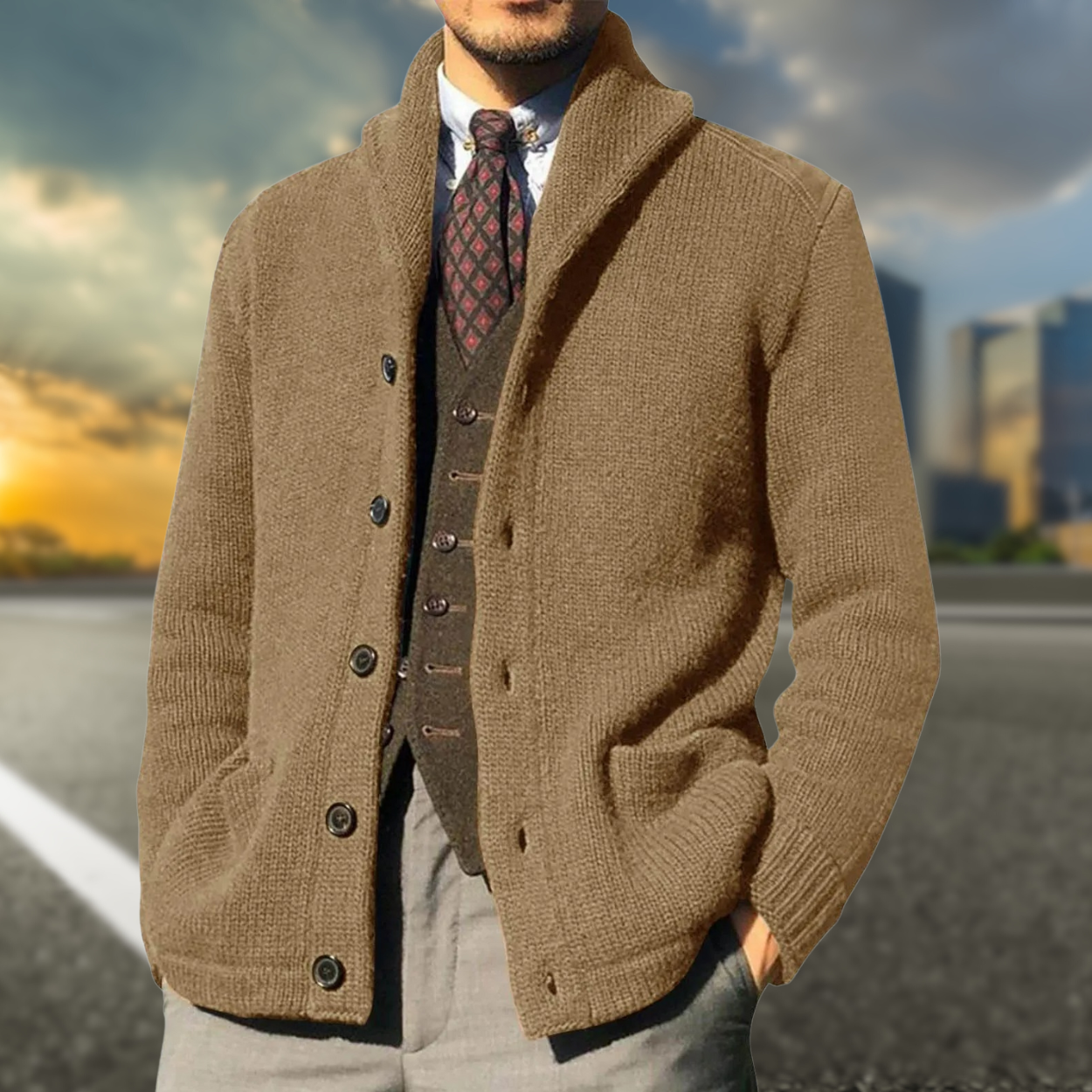 Een chique, bruin gebreid vest van Klara, perfect voor zowel formele als informele gelegenheden. Het veelzijdige ontwerp biedt een stijlvolle uitstraling voor elke situatie.