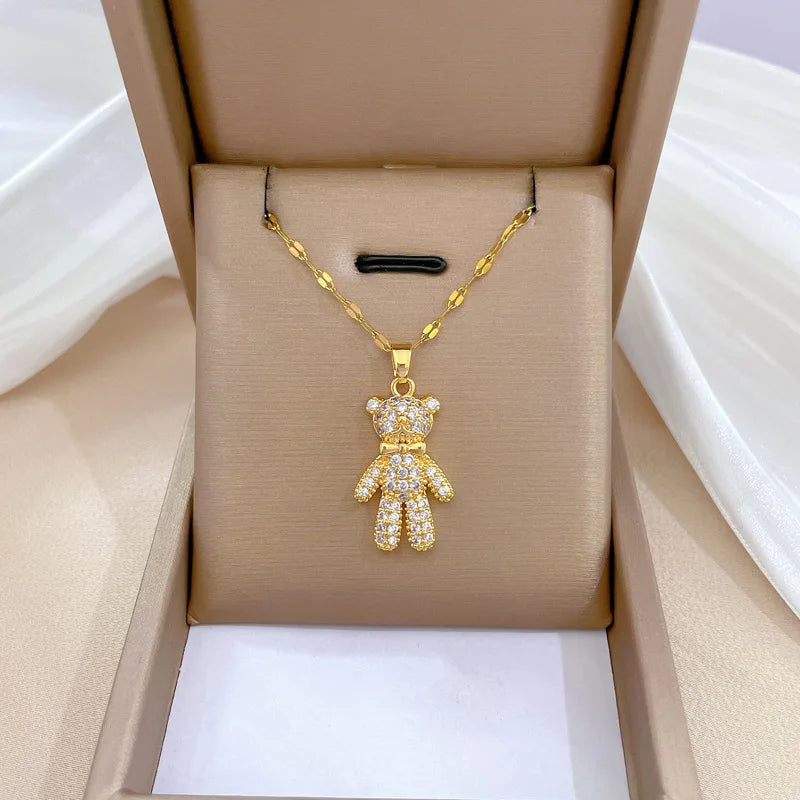 Shiny Bear Necklace with Copper Micropaved Rhinestones