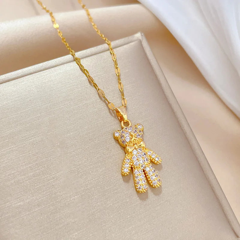 Shiny Bear Necklace with Copper Micropaved Rhinestones