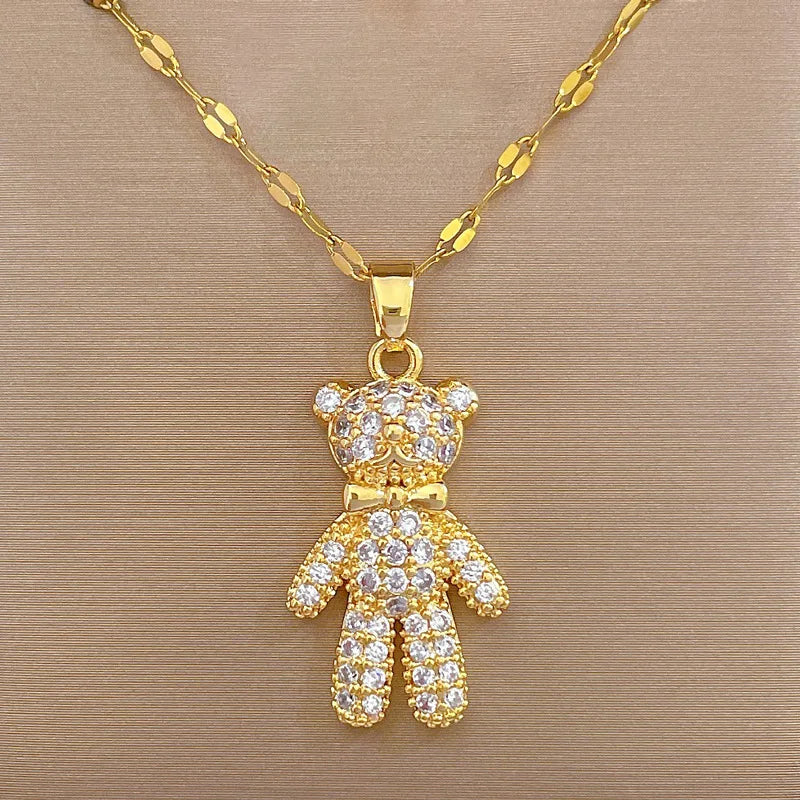 Shiny Bear Necklace with Copper Micropaved Rhinestones
