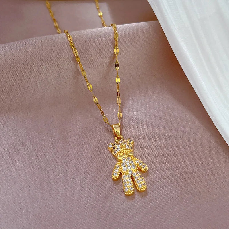 Shiny Bear Necklace with Copper Micropaved Rhinestones