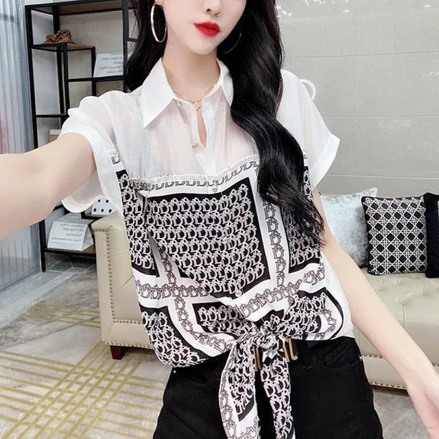 Blusa estiva in chiffon con stampa alla moda