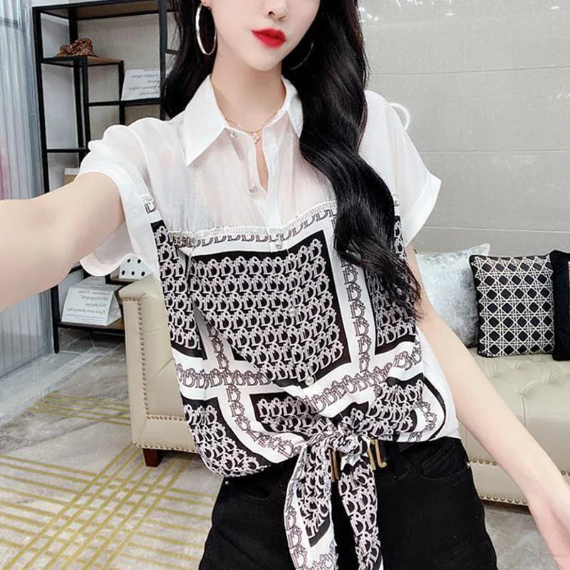 Blusa estiva in chiffon con stampa alla moda
