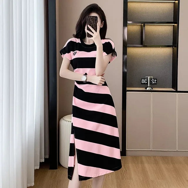 Classic Striped Midi Split Dress by Luna Elegance