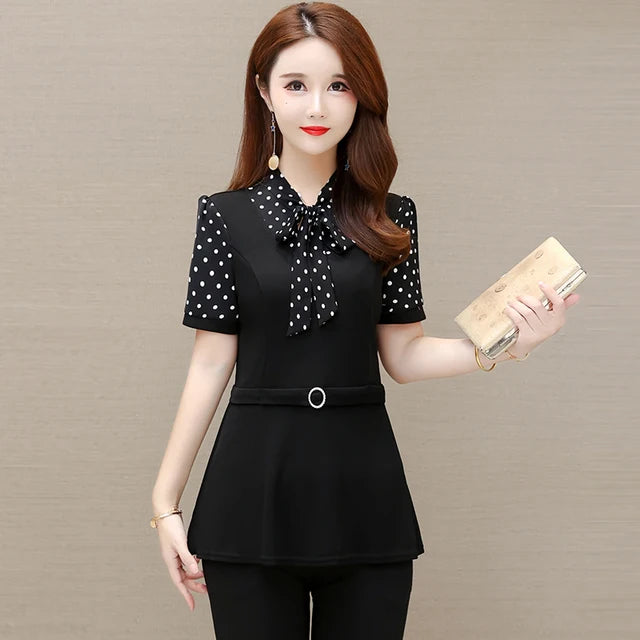 Eleganza Sommer Damen Vintage Lockeres Peplum Top mit Schwarzer Schleife