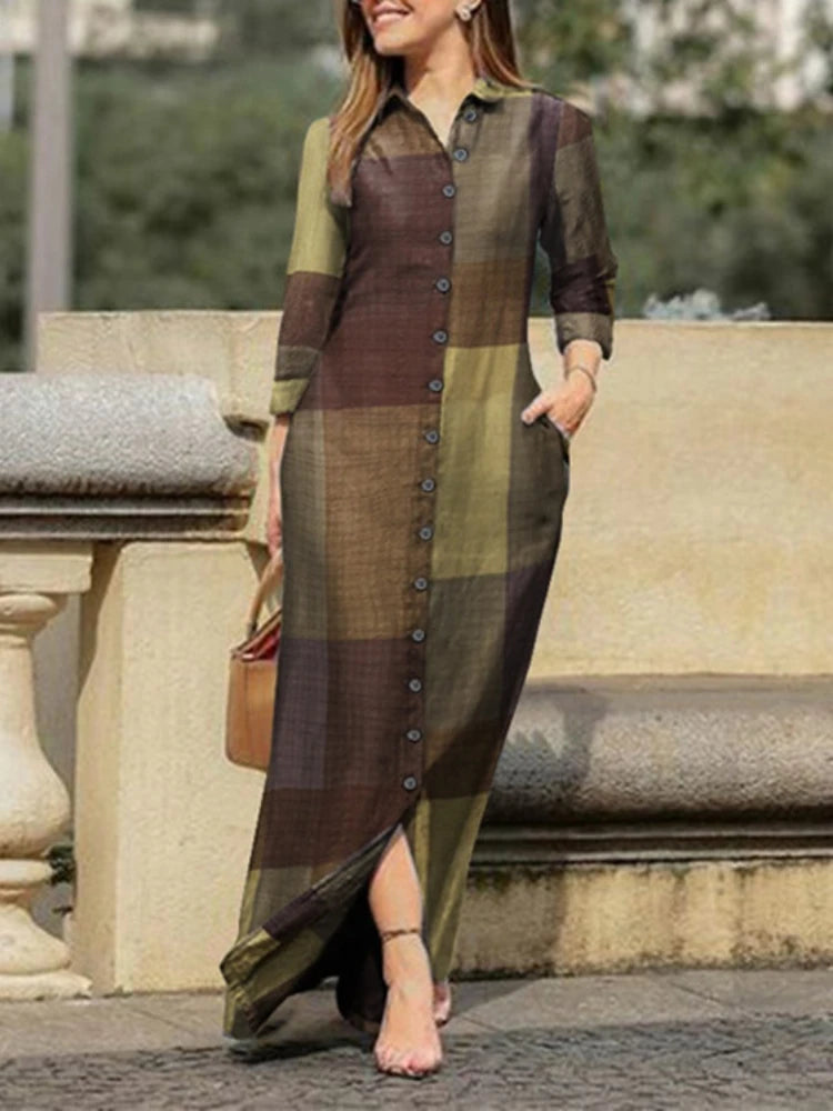 BloesemBries Vestito estivo in cotone e lino con motivo a quadri stampato