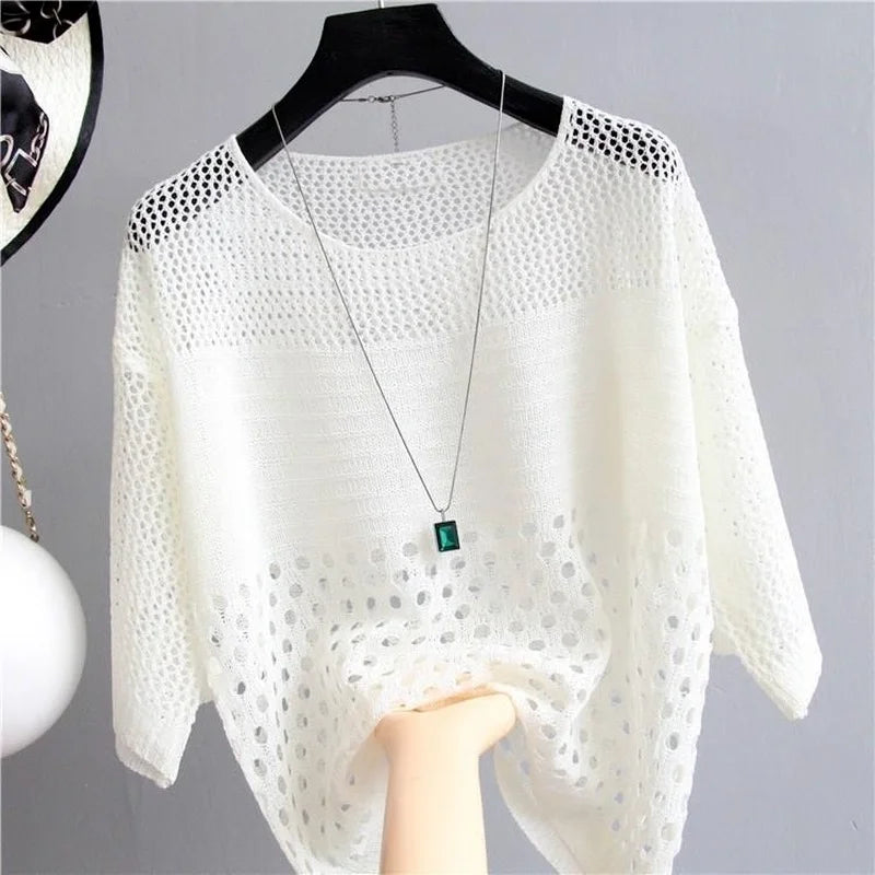 White Cardigan Top of Ice Silk with Hollow Details