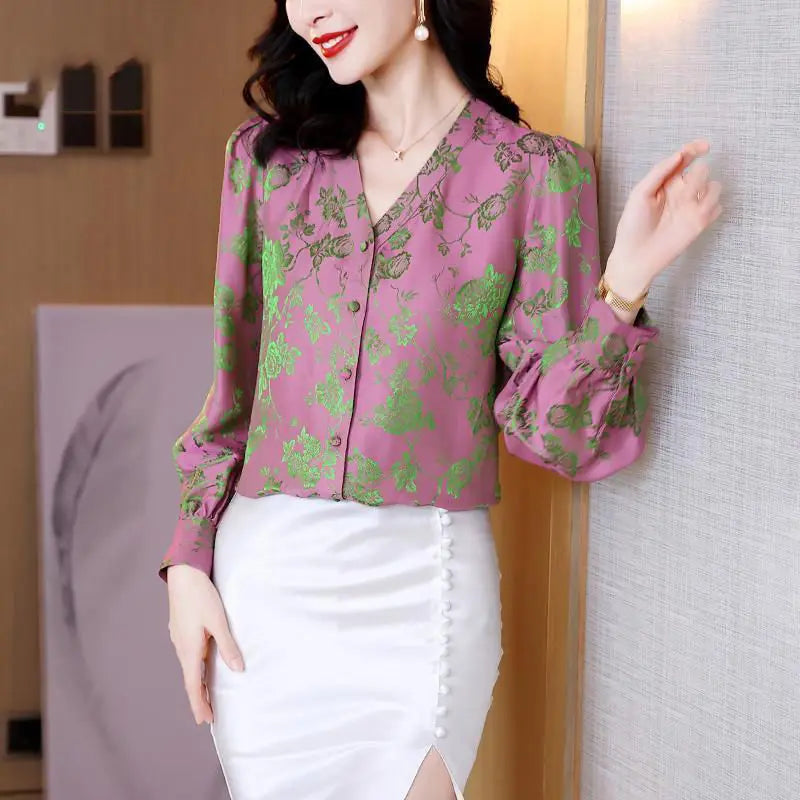 Autumn Satin Printed Blouse with V-neck for Women