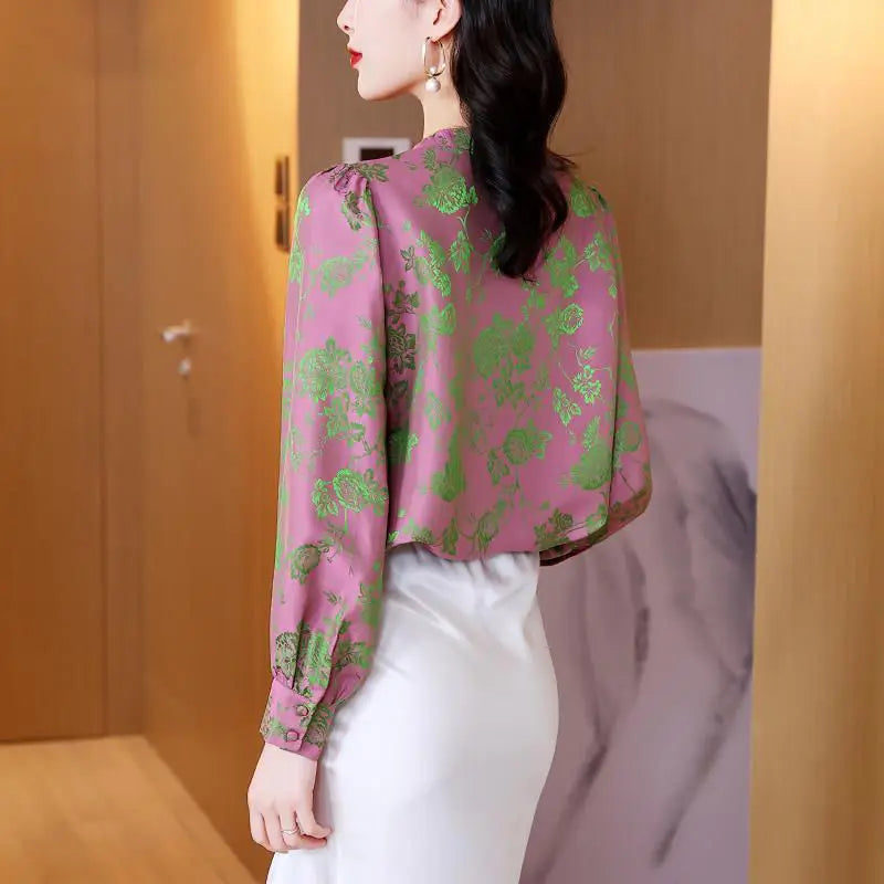 Autumn Satin Printed Blouse with V-neck for Women