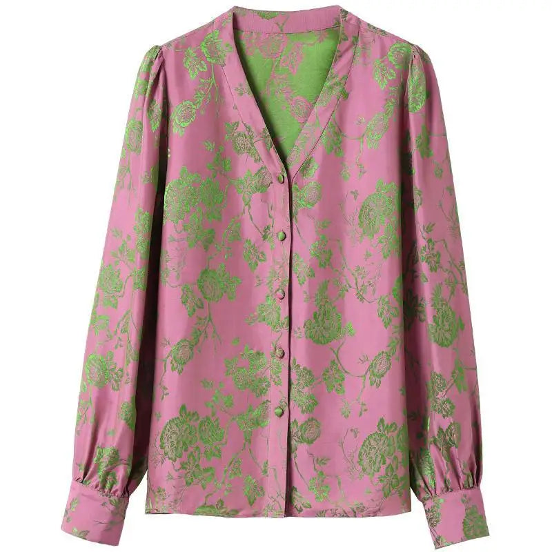 Autumn Satin Printed Blouse with V-neck for Women