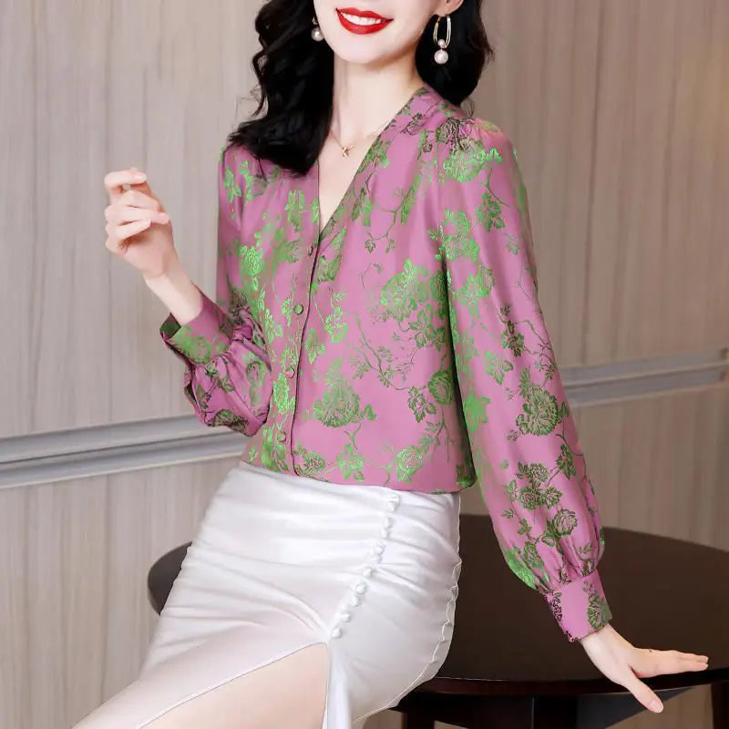 Autumn Satin Printed Blouse with V-neck for Women