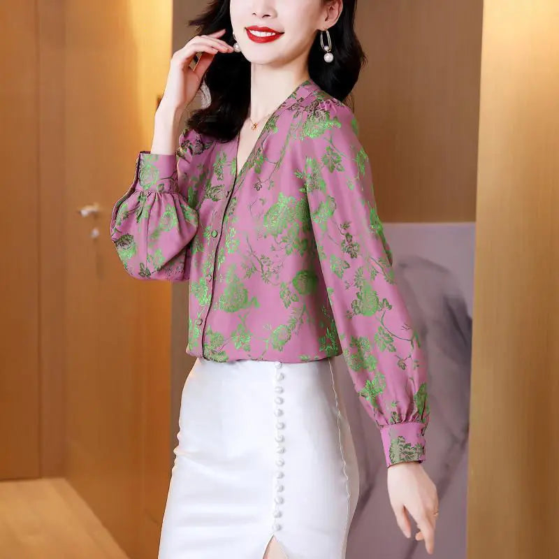 Autumn Satin Printed Blouse with V-neck for Women