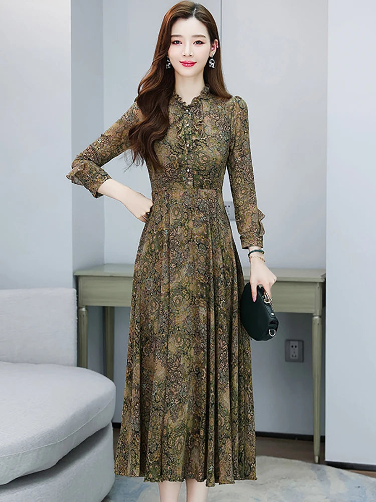 ModeMagie Red Flowers Midi Dress with Long Sleeves