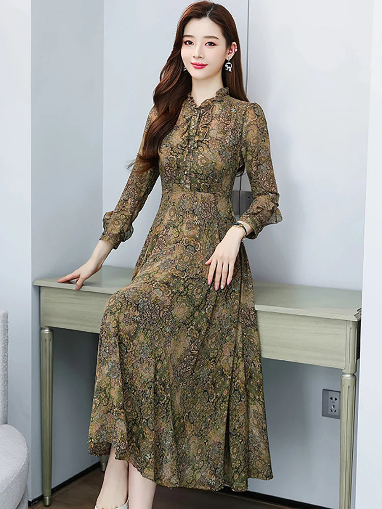 ModeMagie Red Flowers Midi Dress with Long Sleeves