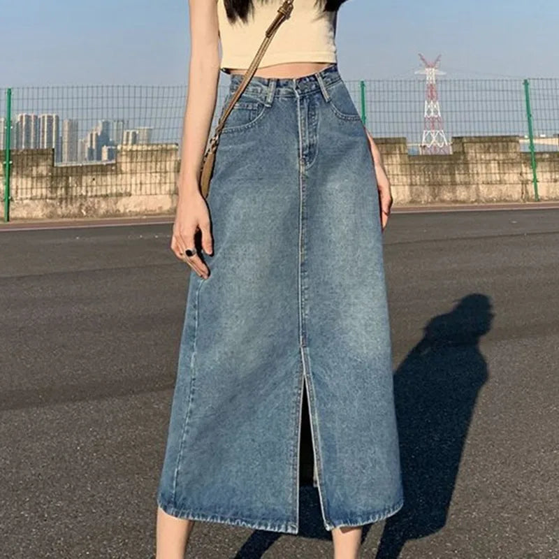 Gonna a linea A in denim scintillante del sole