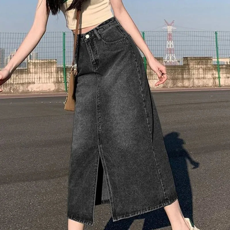 Gonna a linea A in denim scintillante del sole