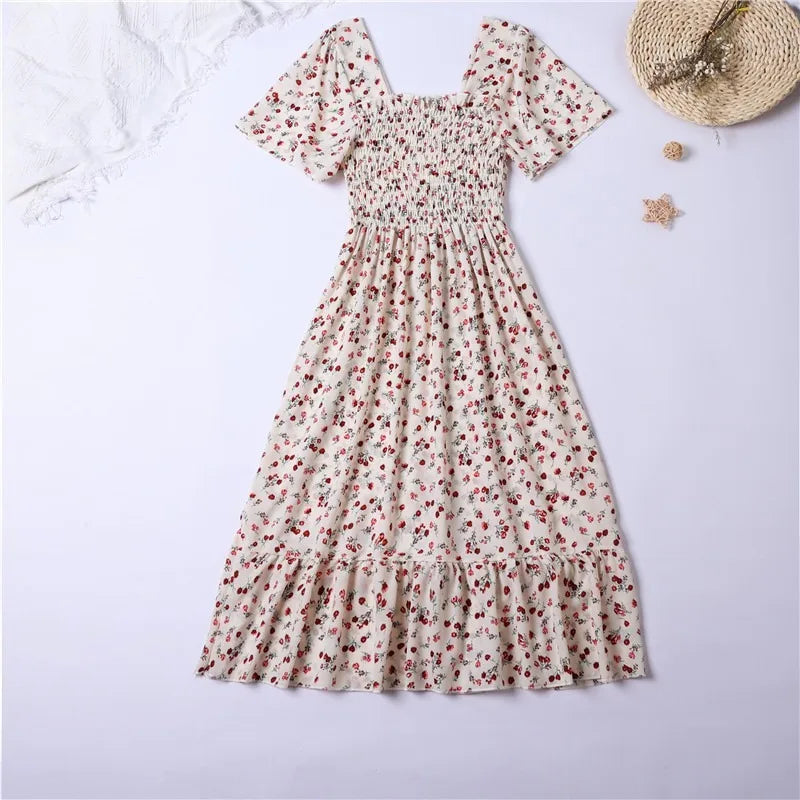 Summer Floral Print Chiffon Midi Dress
