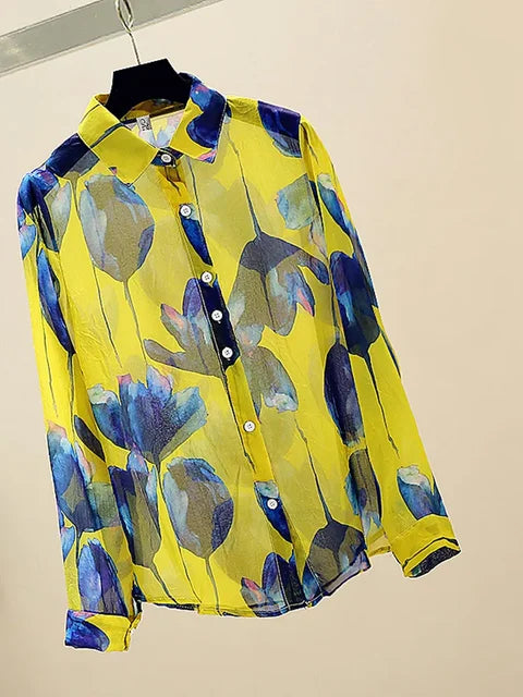 ModeMeester Retro Chiffon Blusen mit langen Ärmeln