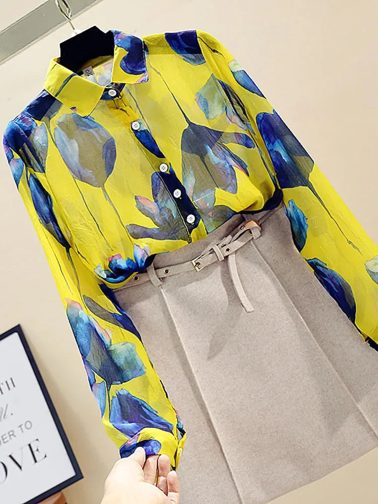 ModeMeester Retro Chiffon Blusen mit langen Ärmeln