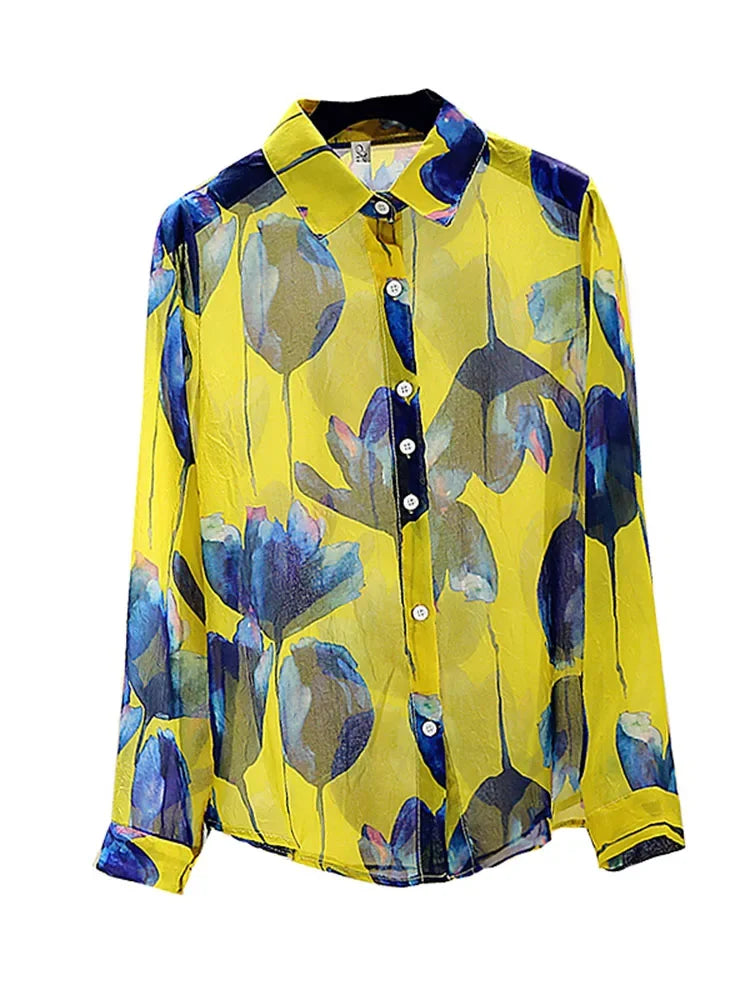 ModeMeester Retro Chiffon Blusen mit langen Ärmeln