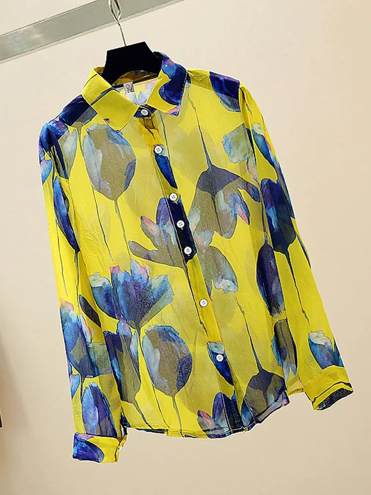ModeMeester Retro Chiffon Blusen mit langen Ärmeln