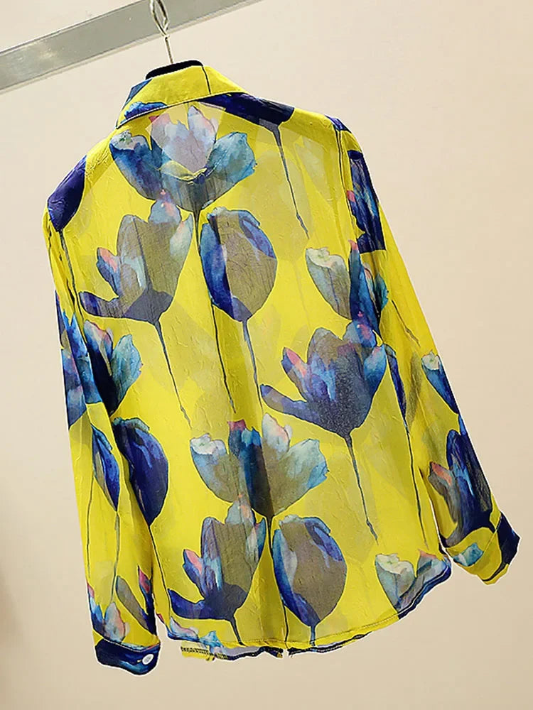 ModeMeester Retro Chiffon Blusen mit langen Ärmeln