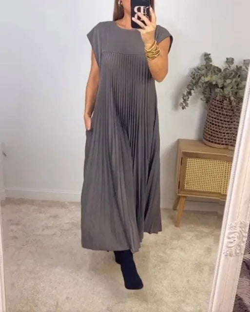 Elegante Lente-Zomer Effen Kleur Lange Jurk met Grote Zoomlijnzakken