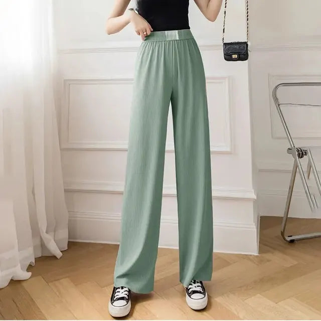 Pantaloni Casual Snellenti a Vita Alta in Seta di Ghiaccio Nuova Estate per Donna Pantaloni a Campana a Taglio Largo Transfrontaliero