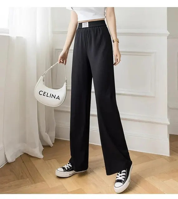 Pantaloni Casual Snellenti a Vita Alta in Seta di Ghiaccio Nuova Estate per Donna Pantaloni a Campana a Taglio Largo Transfrontaliero