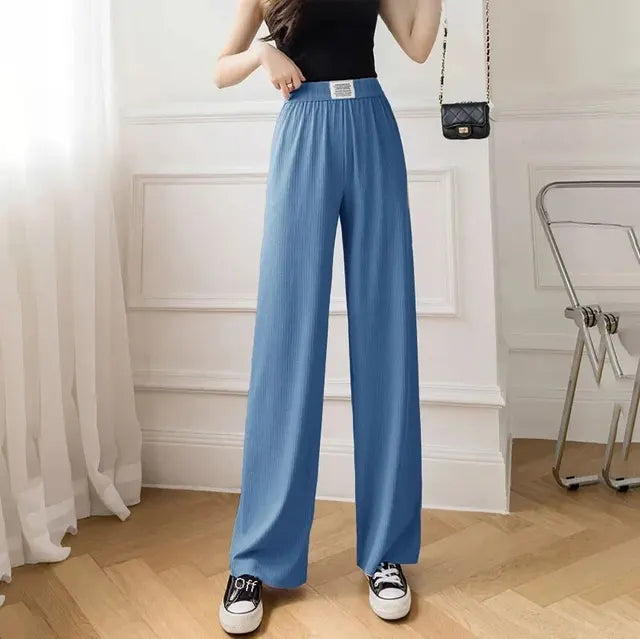 Pantaloni Casual Snellenti a Vita Alta in Seta di Ghiaccio Nuova Estate per Donna Pantaloni a Campana a Taglio Largo Transfrontaliero