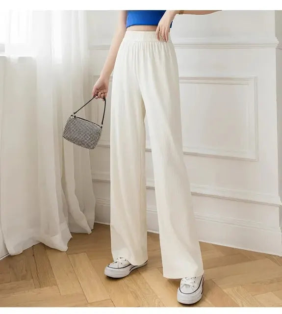 Pantaloni Casual Snellenti a Vita Alta in Seta di Ghiaccio Nuova Estate per Donna Pantaloni a Campana a Taglio Largo Transfrontaliero