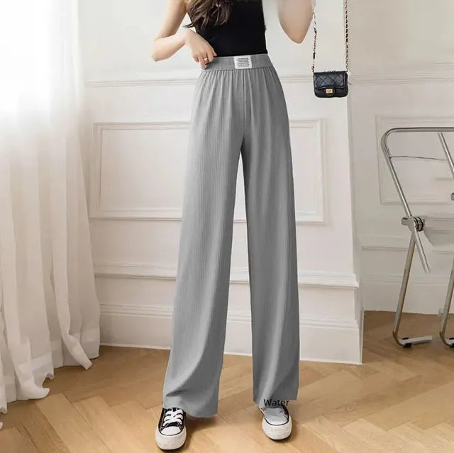 Pantaloni Casual Snellenti a Vita Alta in Seta di Ghiaccio Nuova Estate per Donna Pantaloni a Campana a Taglio Largo Transfrontaliero