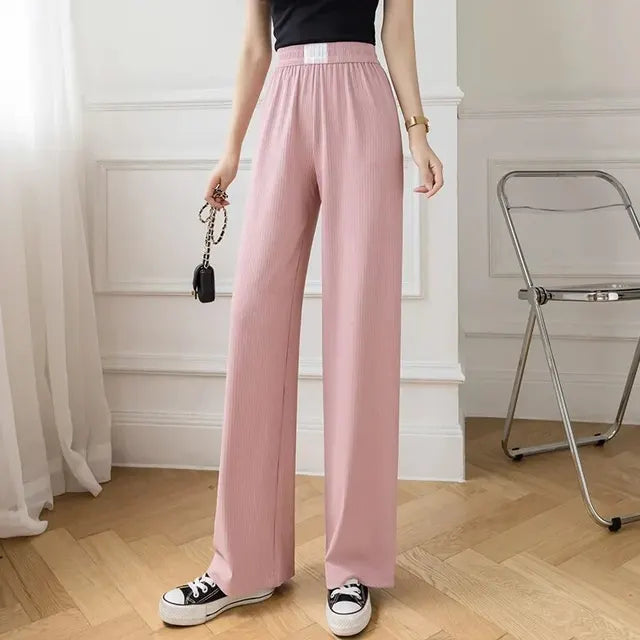 Pantaloni Casual Snellenti a Vita Alta in Seta di Ghiaccio Nuova Estate per Donna Pantaloni a Campana a Taglio Largo Transfrontaliero