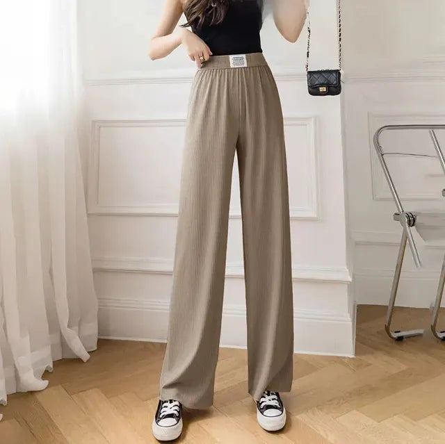 Pantaloni Casual Snellenti a Vita Alta in Seta di Ghiaccio Nuova Estate per Donna Pantaloni a Campana a Taglio Largo Transfrontaliero