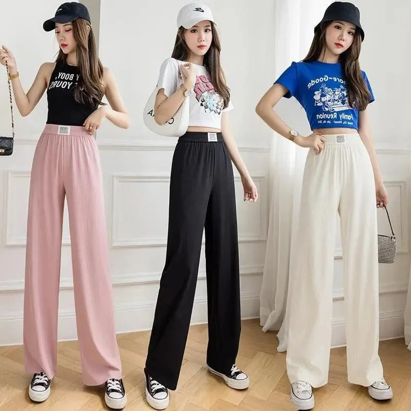 Pantaloni Casual Snellenti a Vita Alta in Seta di Ghiaccio Nuova Estate per Donna Pantaloni a Campana a Taglio Largo Transfrontaliero