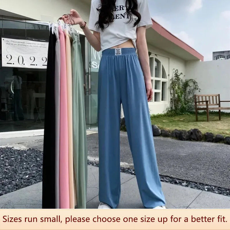 Pantaloni Casual Snellenti a Vita Alta in Seta di Ghiaccio Nuova Estate per Donna Pantaloni a Campana a Taglio Largo Transfrontaliero