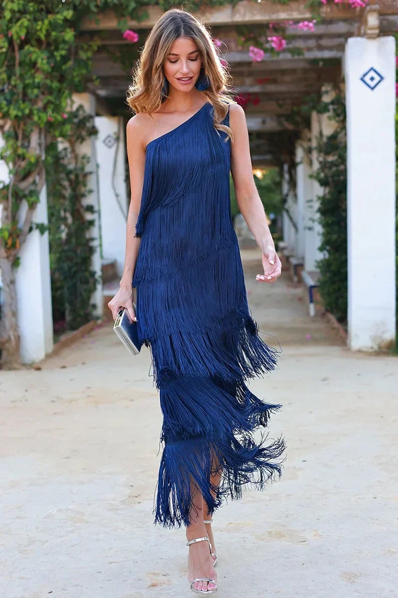 Lina | Elegante jurk met halve mouwen en franjes