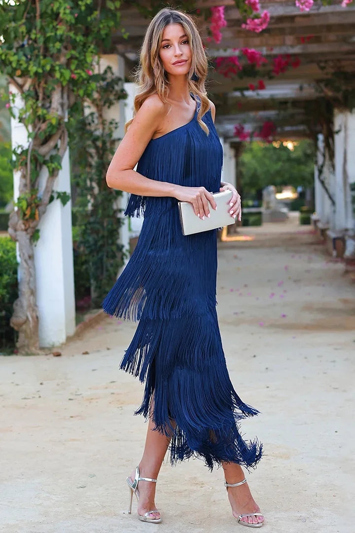 Lina | Elegante jurk met halve mouwen en franjes