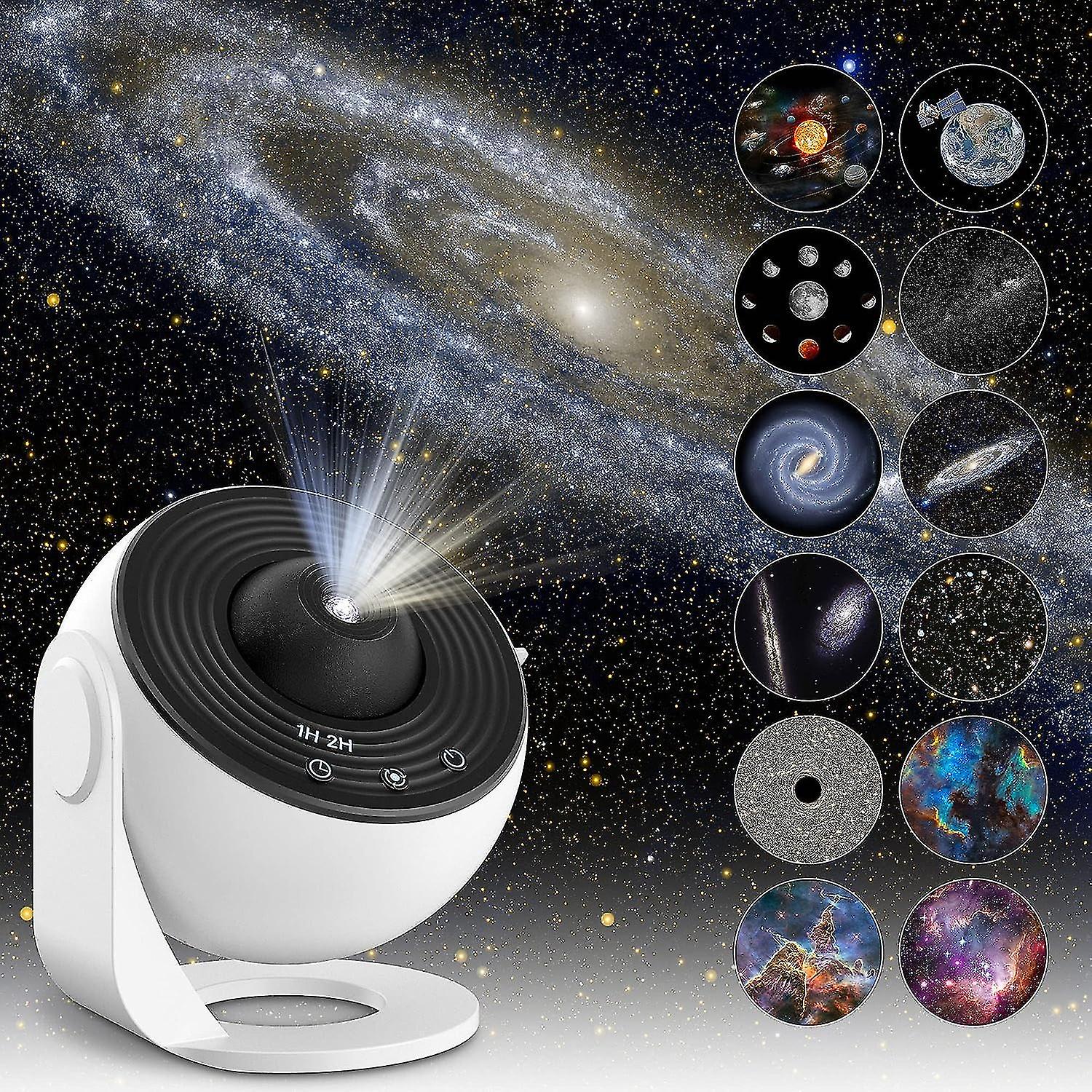 Lunar Glow Space Projectie Licht creëert een betoverend uitzicht op de sterrenhemel met verschillende projectie-schijven, waaronder het sterrenstelsel, planeten en andere kosmische fenomenen, voor een spectaculaire ruimte-ervaring.