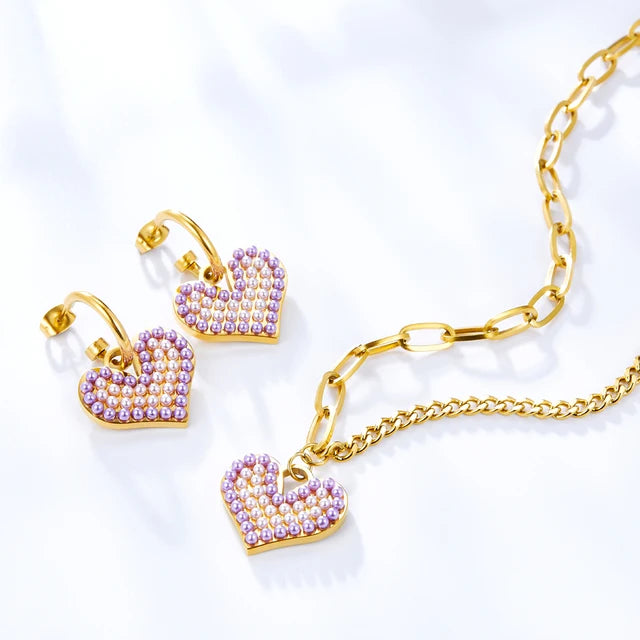 Luxe Stalen Sieradenset Voor Vrouwen met Hart Hanger en Parels