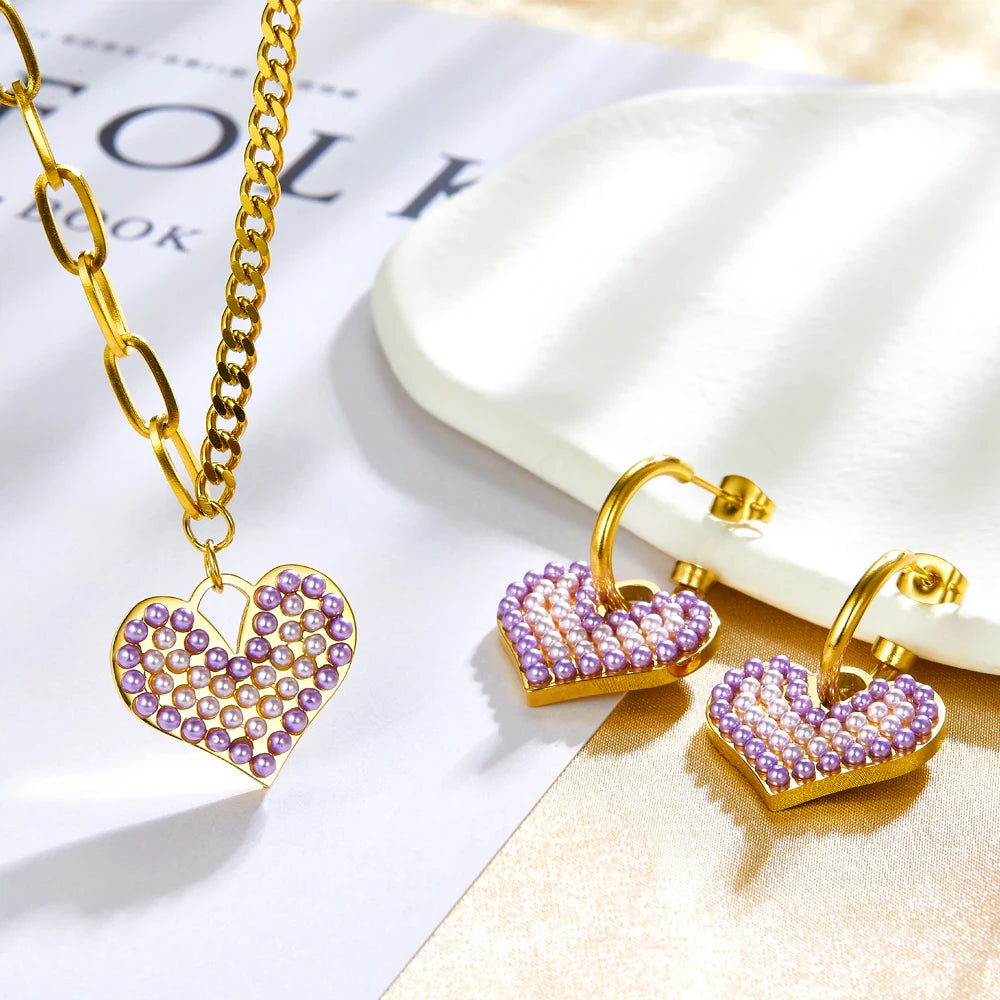 Luxe Stalen Sieradenset Voor Vrouwen met Hart Hanger en Parels